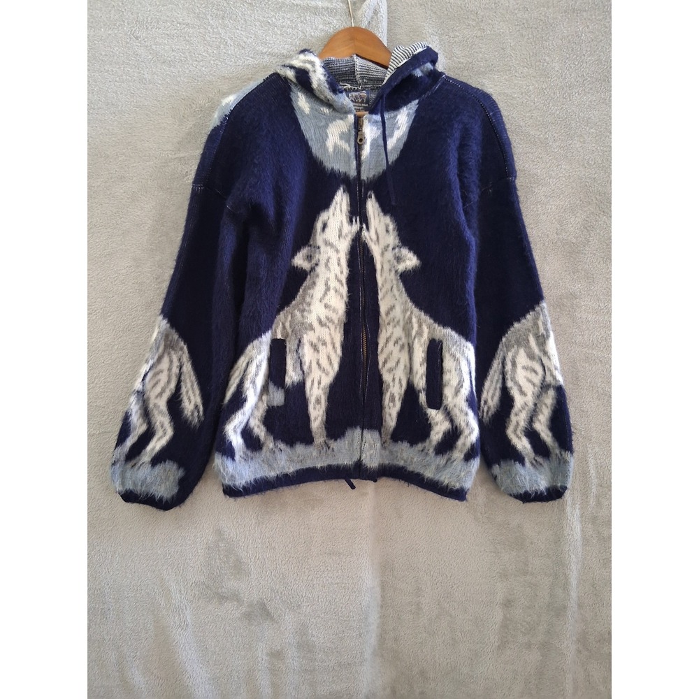 Wolf Moon LG XL Unisex Zip Sweater Hoodie Soft Fuzzy Blue Wool Artisan Handmade